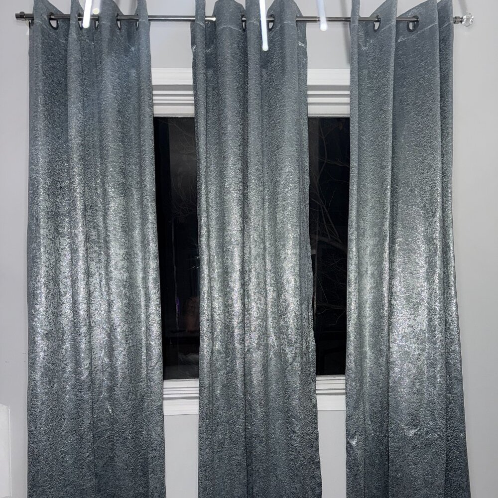 SET OF 3 X 82" LIGHT BLUE & SILVER METALLIC FOIL SPARKLY VELVET CURTAIN PANELS